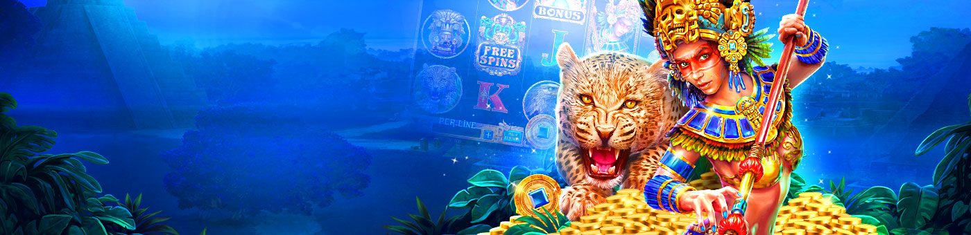 Arte de tragamonedas de Gana777 con jaguar y sacerdotisa maya sobre monedas de oro